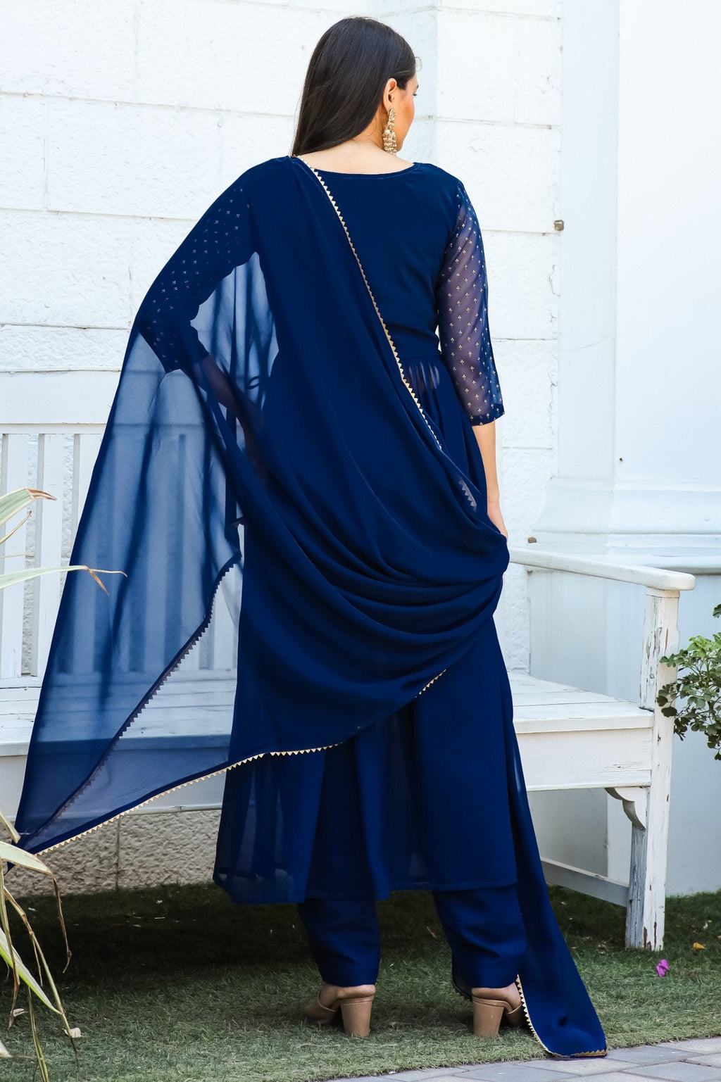 Jyoti Fashion Women's Blue Georgette Foil Printed Kurta Set with Dupatta | Grocsy