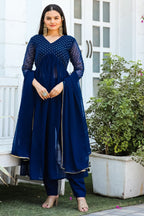 Jyoti Fashion Women's Blue Georgette Foil Printed Kurta Set with Dupatta | Grocsy