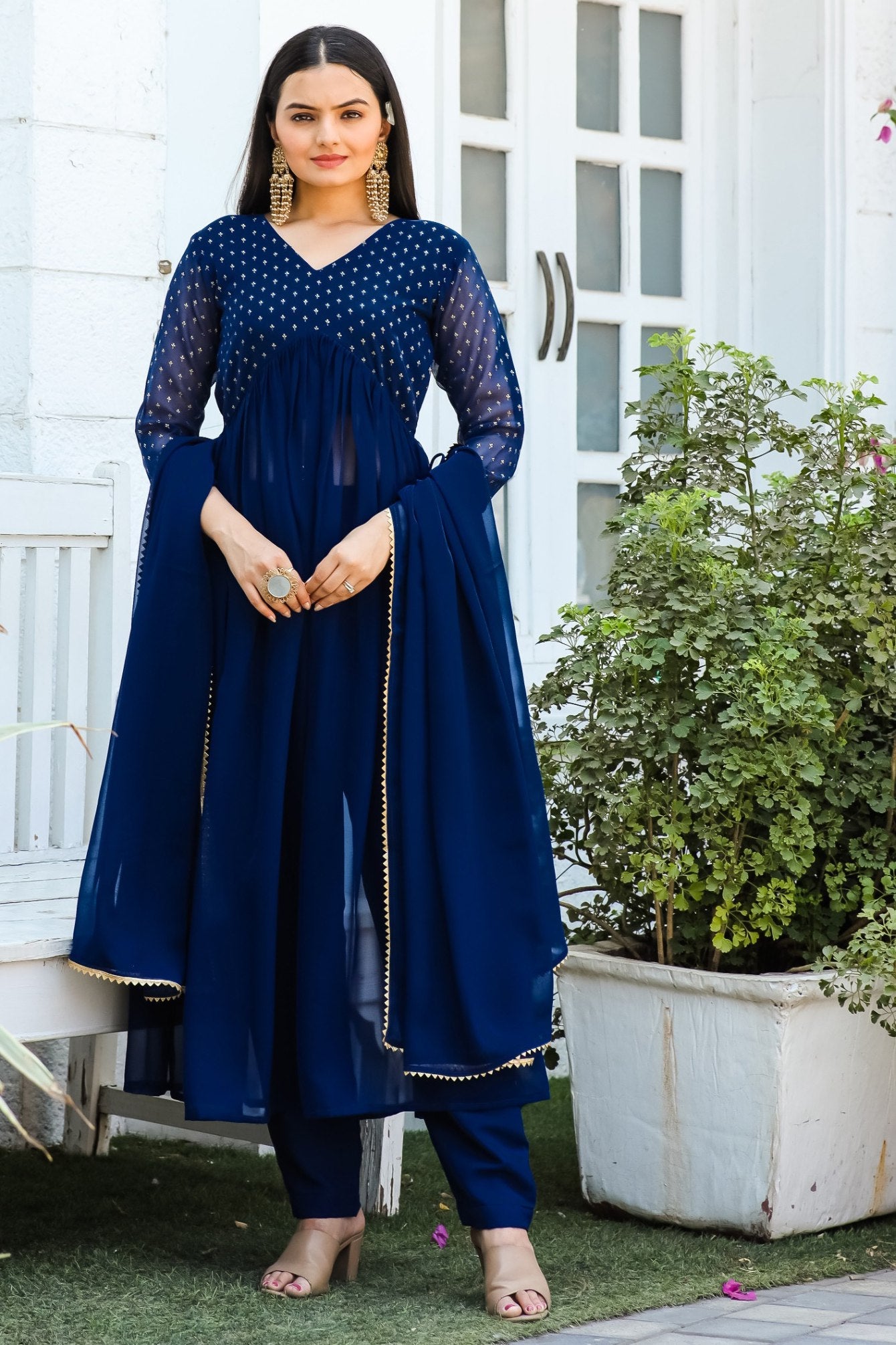 Jyoti Fashion Women's Blue Georgette Foil Printed Kurta Set with Dupatta | Grocsy