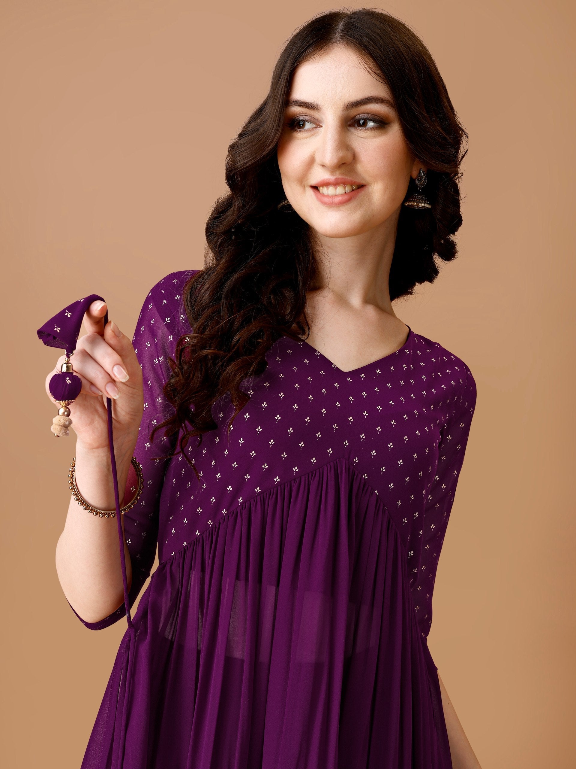Jyoti Fashion Women's Wine Georgette Foil Printed Kurta Set with Dupatta | Grocsy