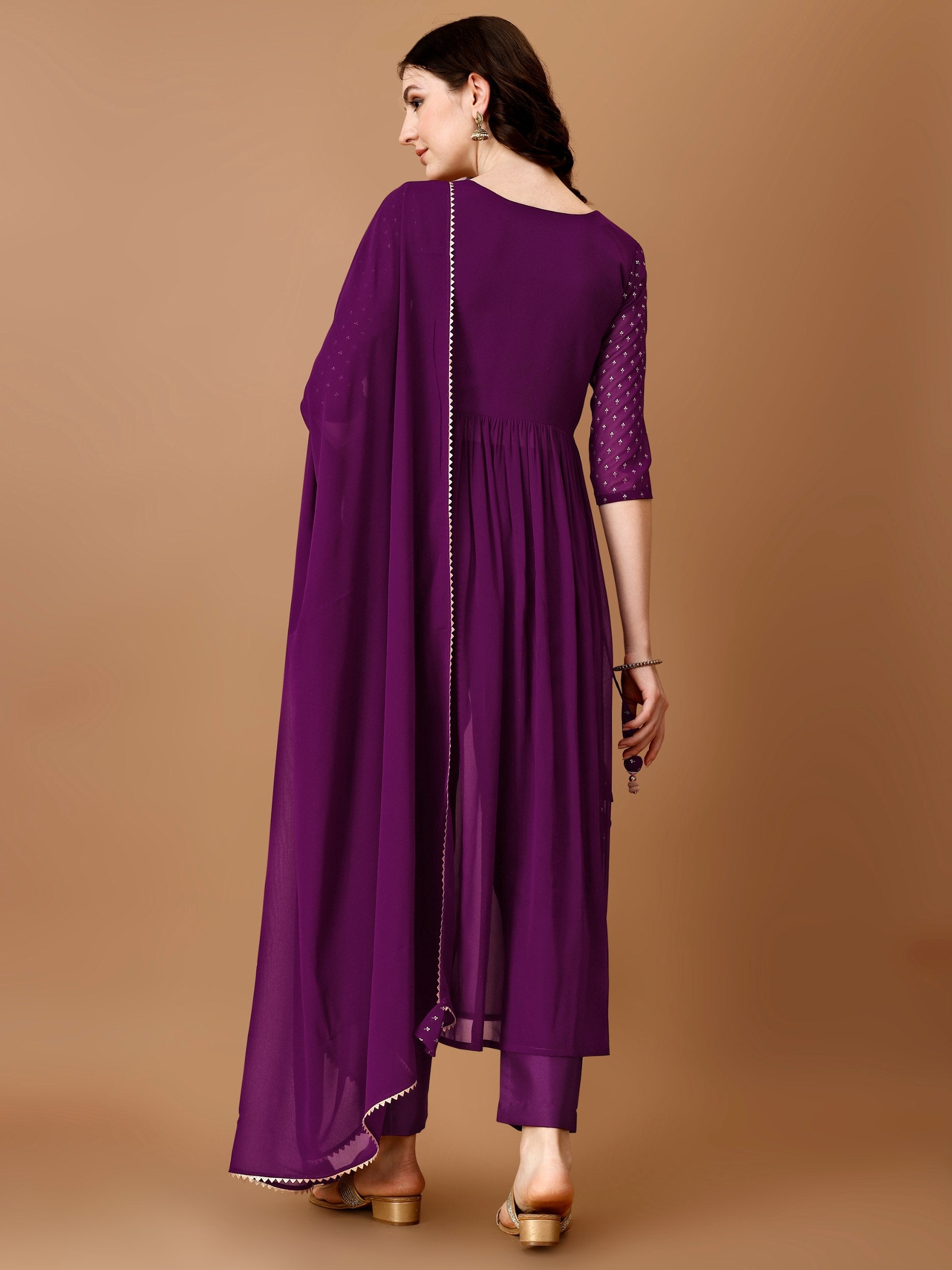 Jyoti Fashion Women's Wine Georgette Foil Printed Kurta Set with Dupatta | Grocsy