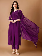 Jyoti Fashion Women's Wine Georgette Foil Printed Kurta Set with Dupatta | Grocsy