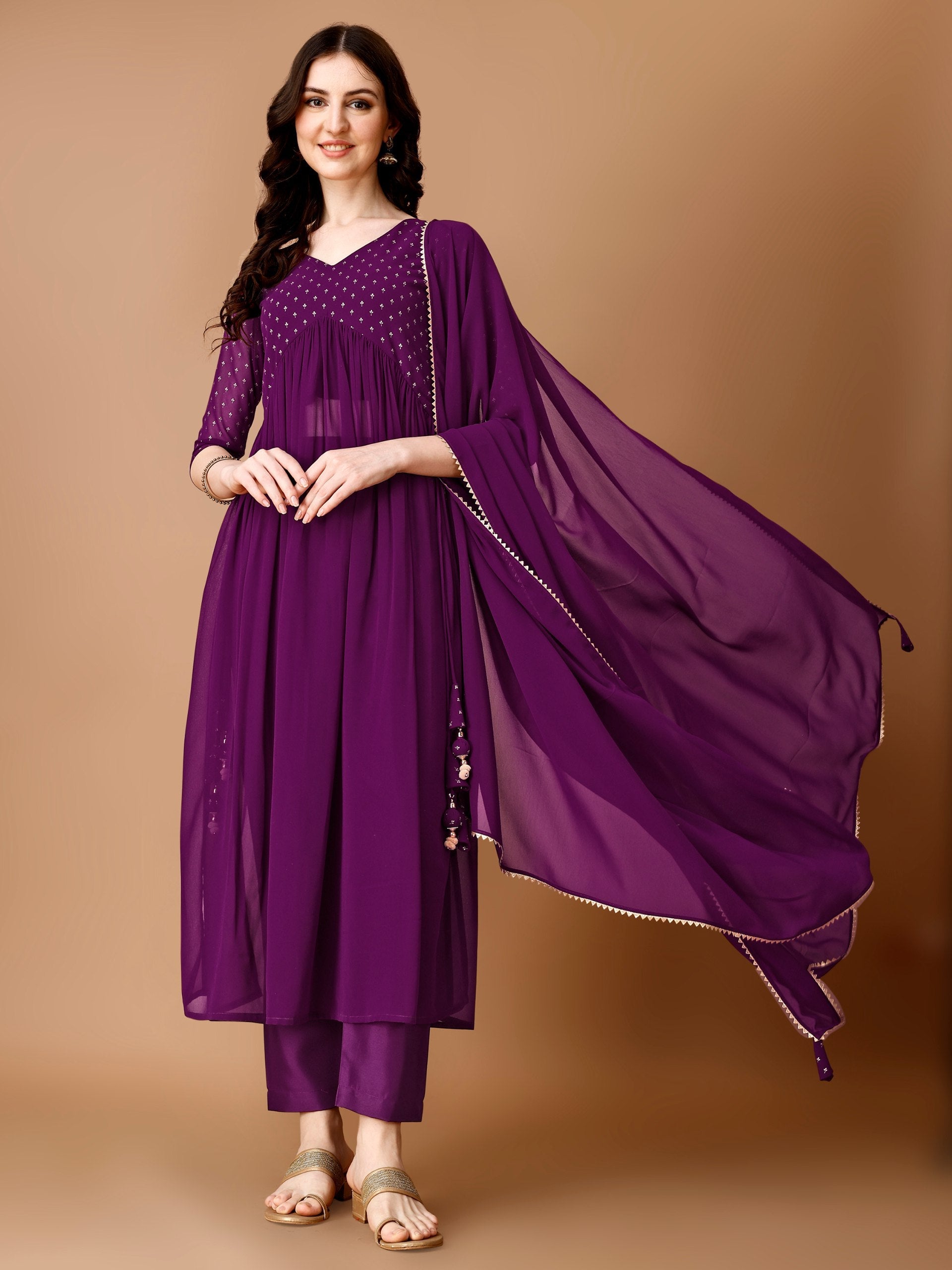 Jyoti Fashion Women's Wine Georgette Foil Printed Kurta Set with Dupatta | Grocsy