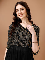 Jyoti Fashion Women's Black Georgette Foil Printed Kurta Set with Dupatta | Grocsy