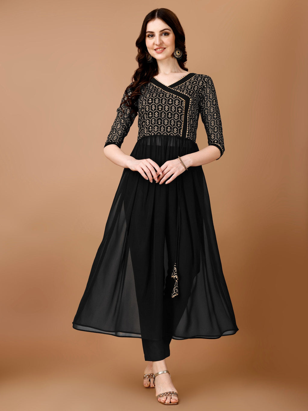 Jyoti Fashion Women's Black Georgette Foil Printed Kurta Set with Dupatta | Grocsy