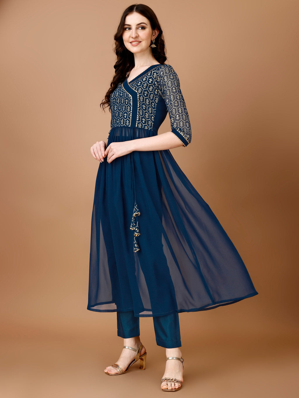 Jyoti Fashion Women's Teal Blue Georgette Foil Printed Kurta Set with Dupatta | Grocsy