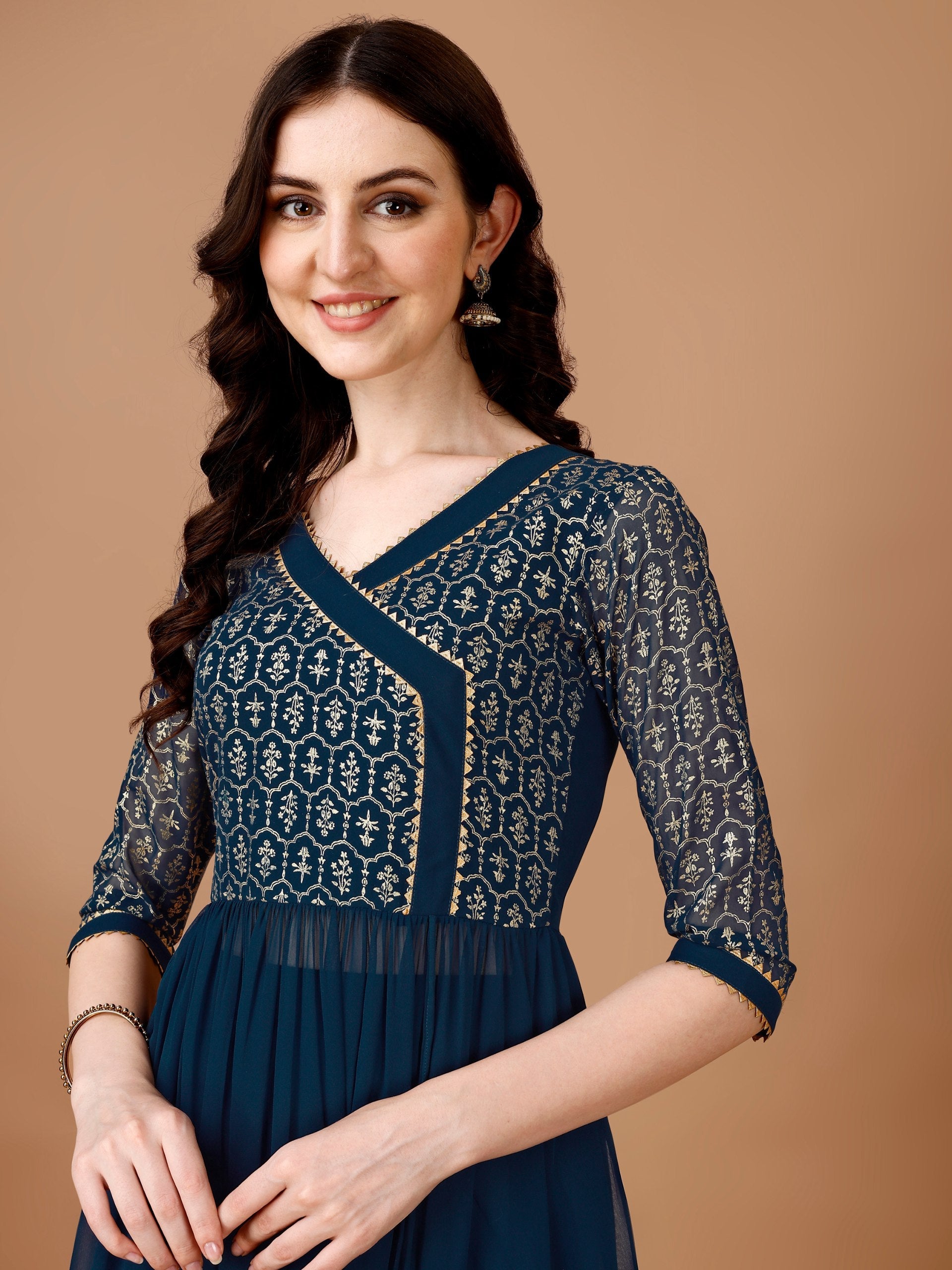 Jyoti Fashion Women's Teal Blue Georgette Foil Printed Kurta Set with Dupatta | Grocsy