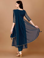 Jyoti Fashion Women's Teal Blue Georgette Foil Printed Kurta Set with Dupatta | Grocsy