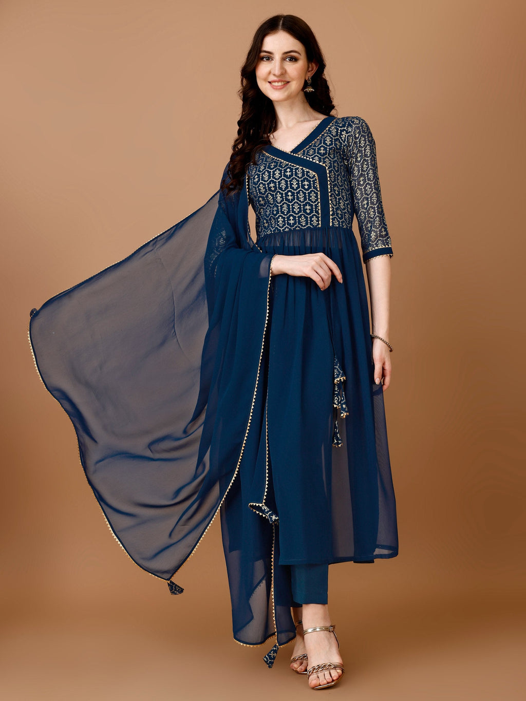Jyoti Fashion Women's Teal Blue Georgette Foil Printed Kurta Set with Dupatta | Grocsy