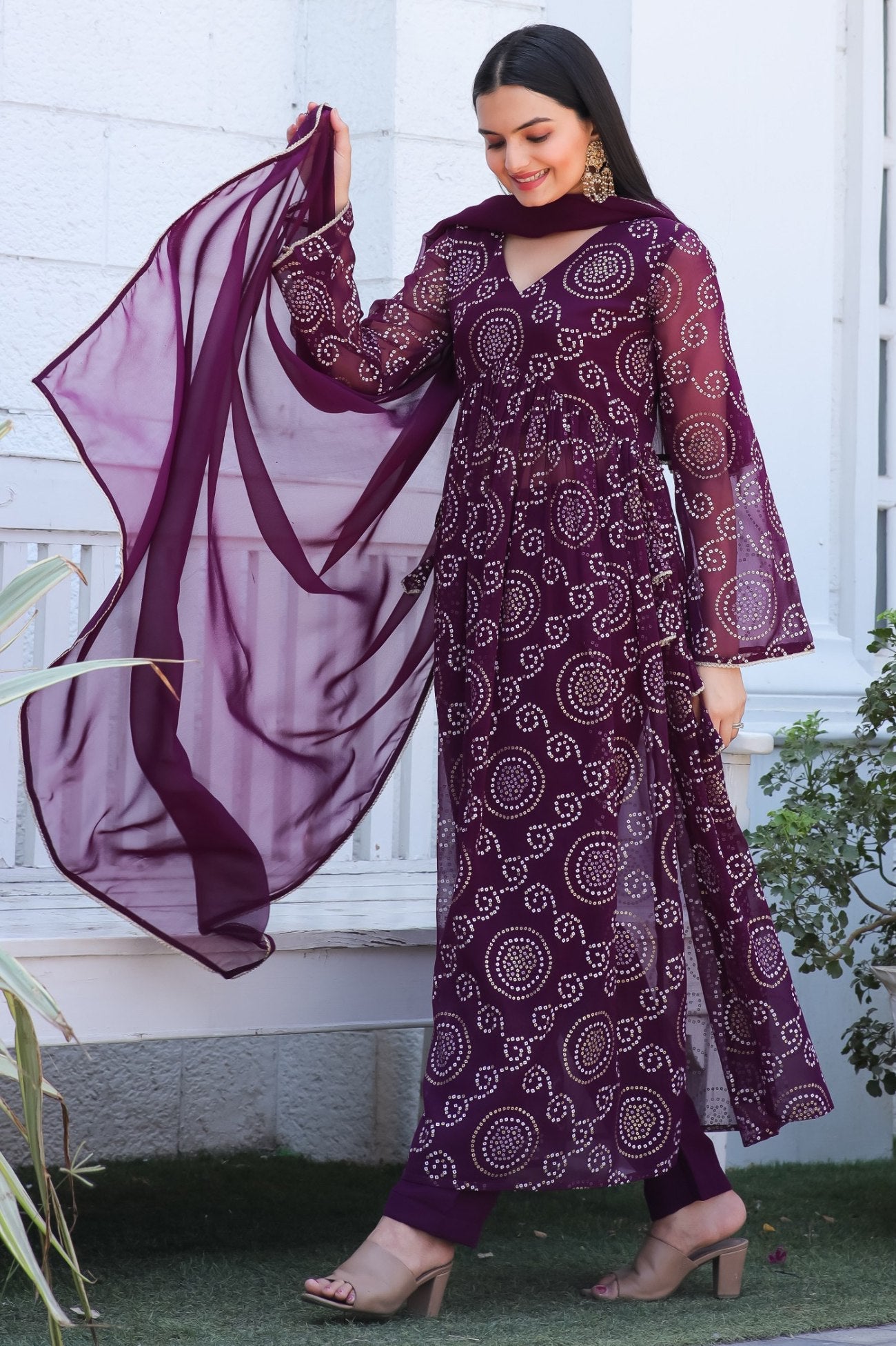 Jyoti Fashion Women's Wine Georgette Bandhani Print Kurta Set with Dupatta | Grocsy