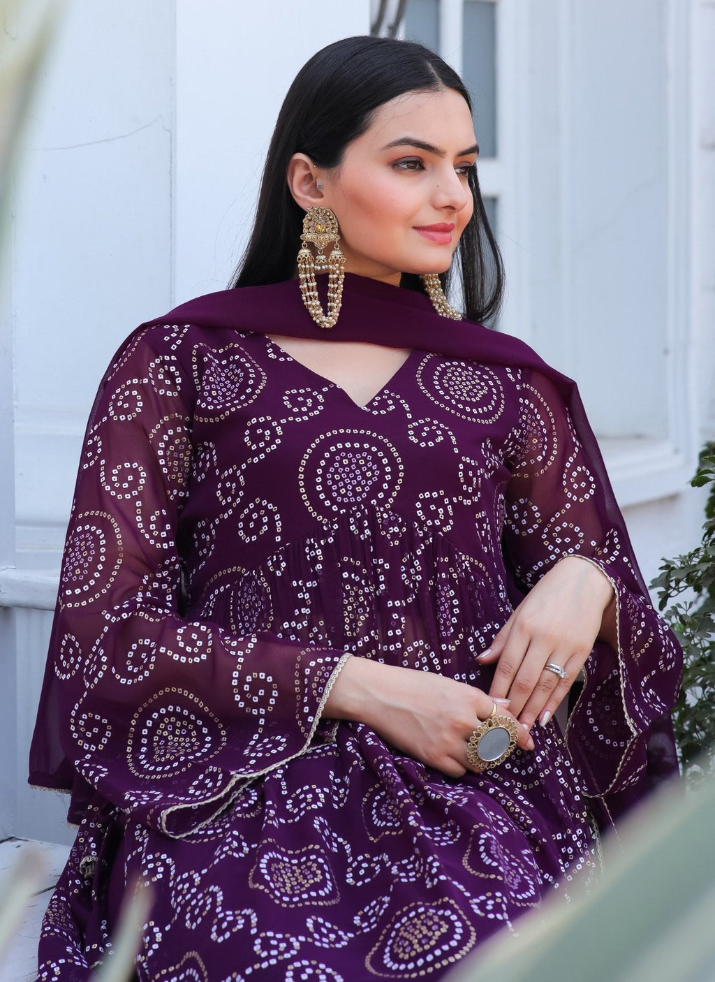 Jyoti Fashion Women's Wine Georgette Bandhani Print Kurta Set with Dupatta | Grocsy