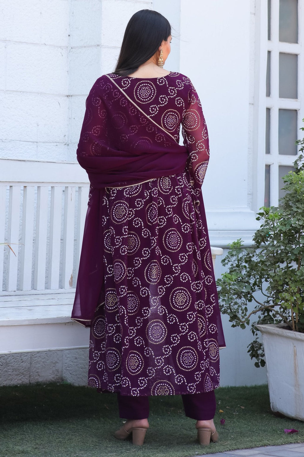 Jyoti Fashion Women's Wine Georgette Bandhani Print Kurta Set with Dupatta | Grocsy