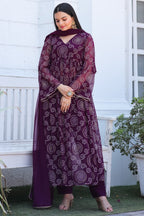 Jyoti Fashion Women's Wine Georgette Bandhani Print Kurta Set with Dupatta | Grocsy