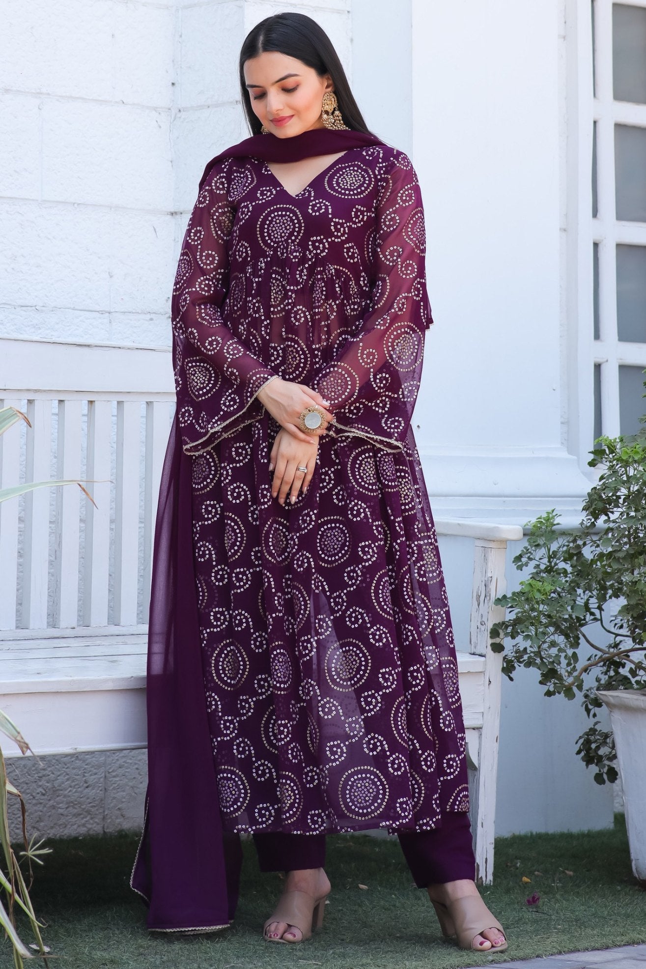 Jyoti Fashion Women's Wine Georgette Bandhani Print Kurta Set with Dupatta | Grocsy
