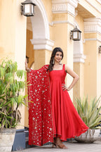 Jyoti Fashion Women's Red Satin Silk Lace Work Gown with Dupatta Set | Grocsy