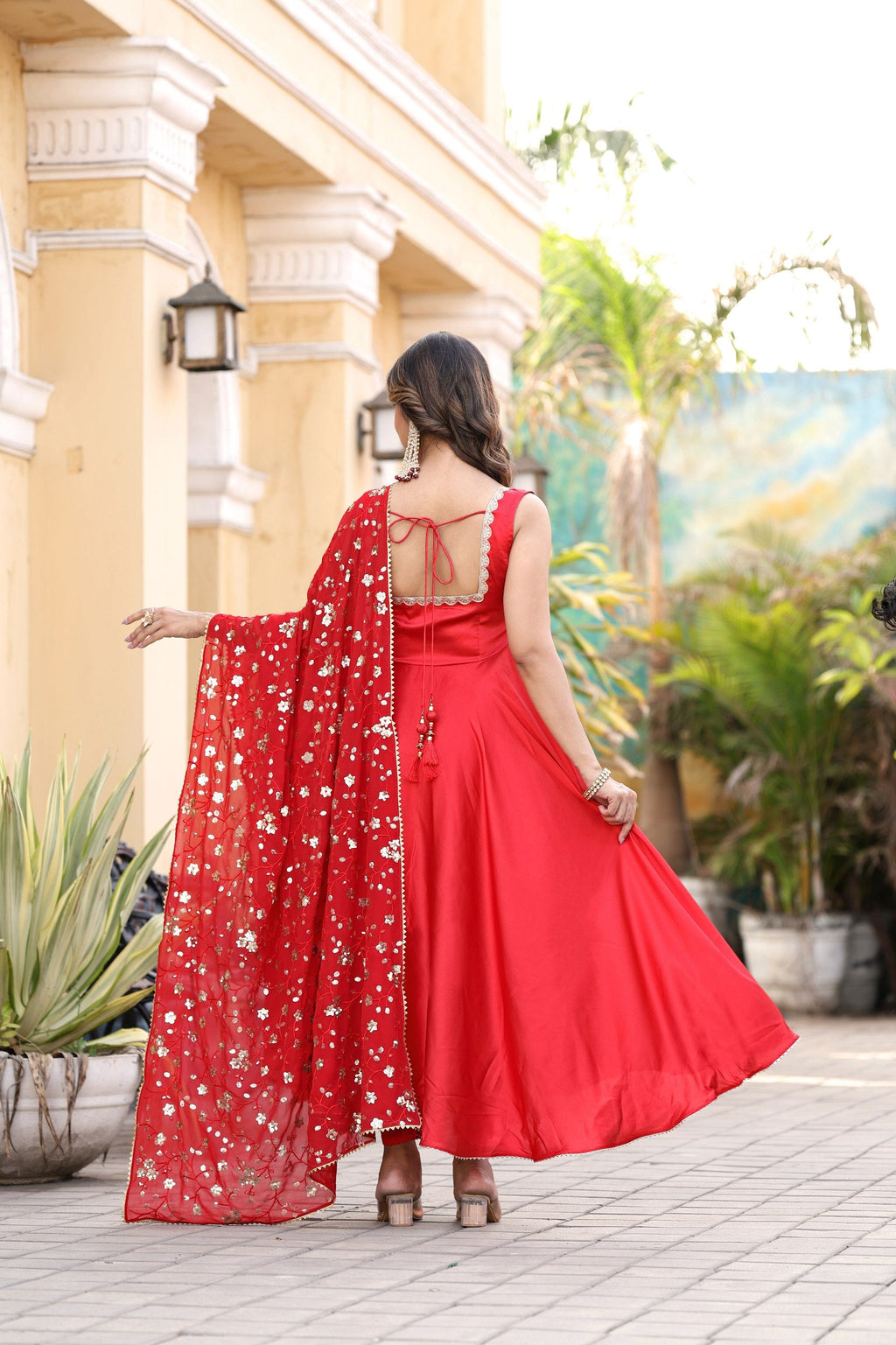 Jyoti Fashion Women's Red Satin Silk Lace Work Gown with Dupatta Set | Grocsy