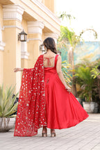 Jyoti Fashion Women's Red Satin Silk Lace Work Gown with Dupatta Set | Grocsy
