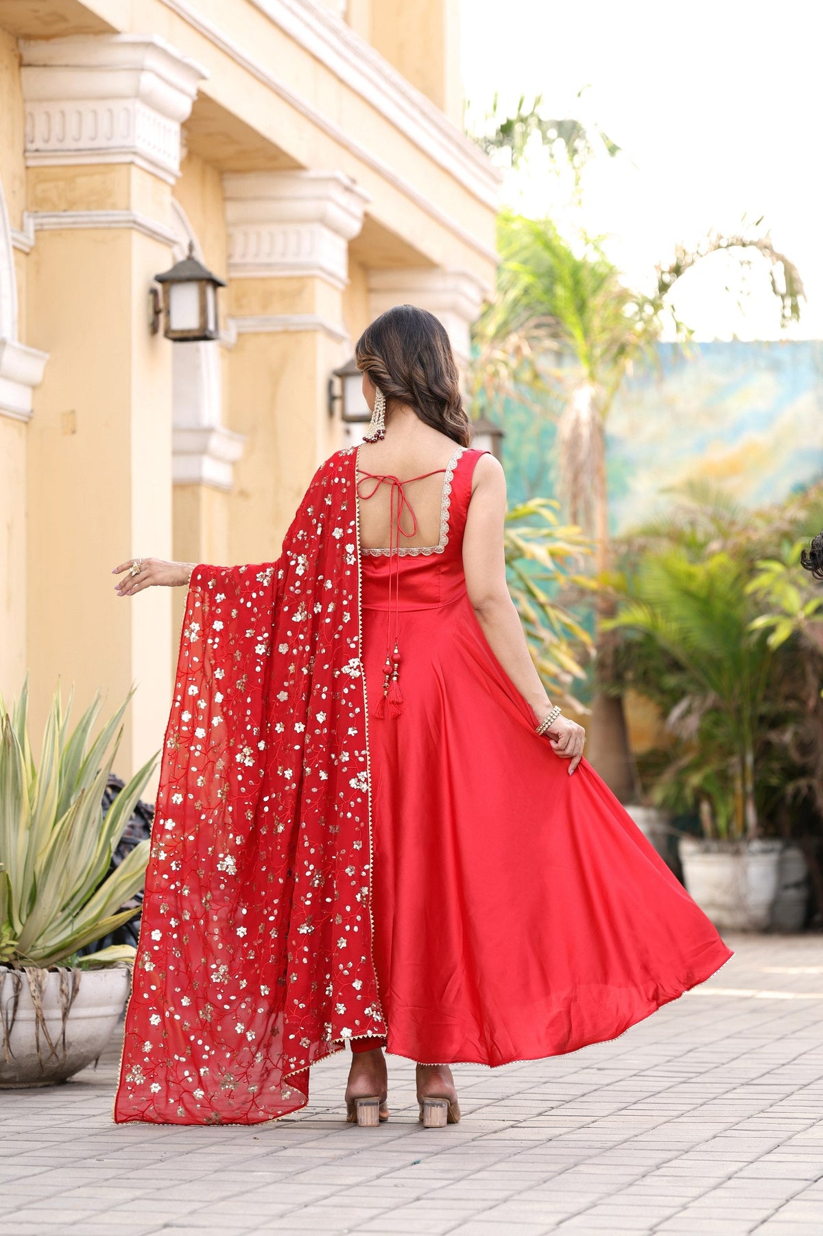 Jyoti Fashion Women's Red Satin Silk Lace Work Gown with Dupatta Set | Grocsy