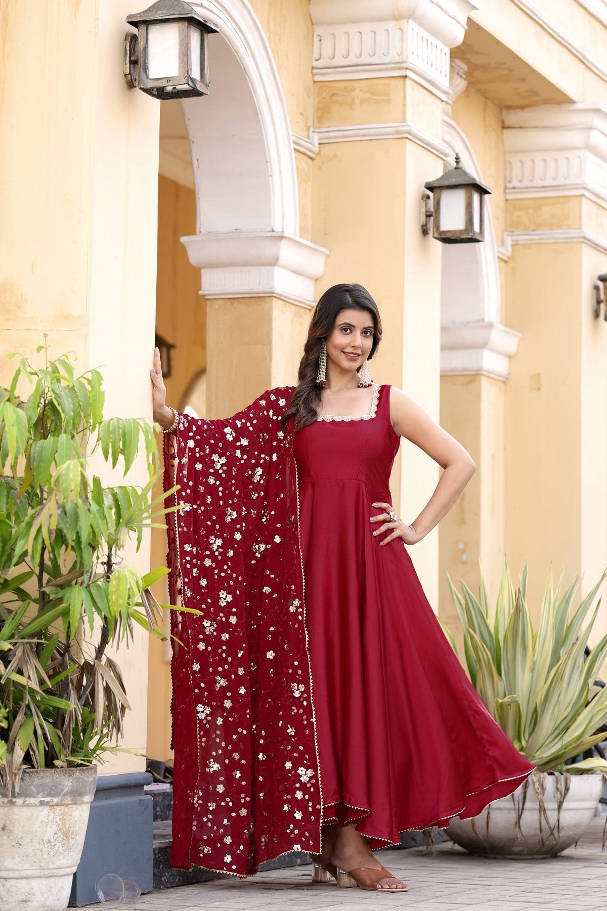 Jyoti Fashion Women's Cherry Red Satin Silk Lace Work Gown with Dupatta Set | Grocsy