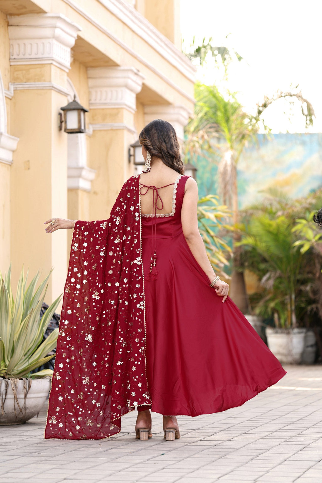 Jyoti Fashion Women's Cherry Red Satin Silk Lace Work Gown with Dupatta Set | Grocsy