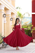 Jyoti Fashion Women's Cherry Red Satin Silk Lace Work Gown with Dupatta Set | Grocsy