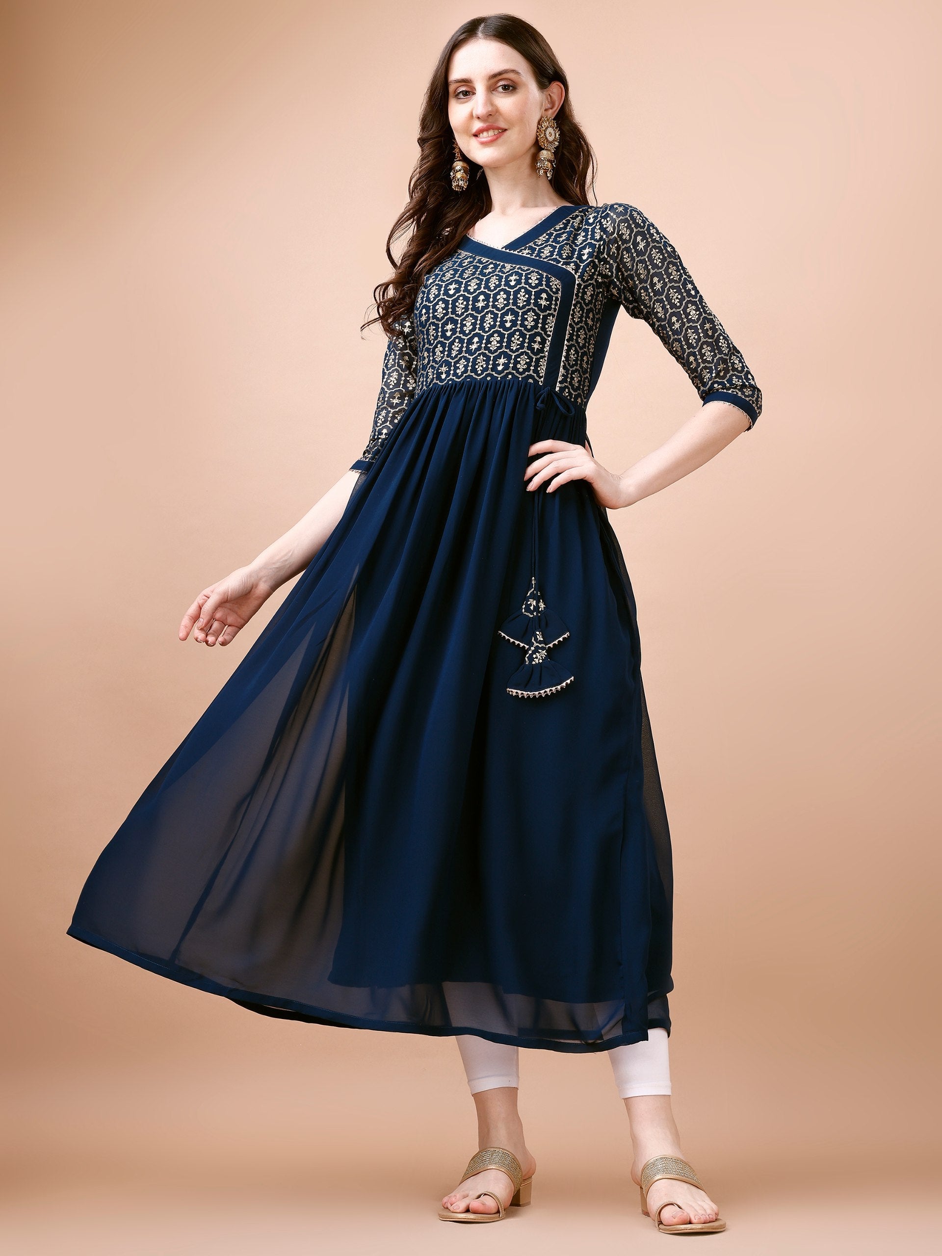 Jyoti Fashion Women's Navy Blue Georgette Foil Printed Gown with Dupatta Set | Grocsy