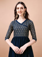 Jyoti Fashion Women's Navy Blue Georgette Foil Printed Gown with Dupatta Set | Grocsy