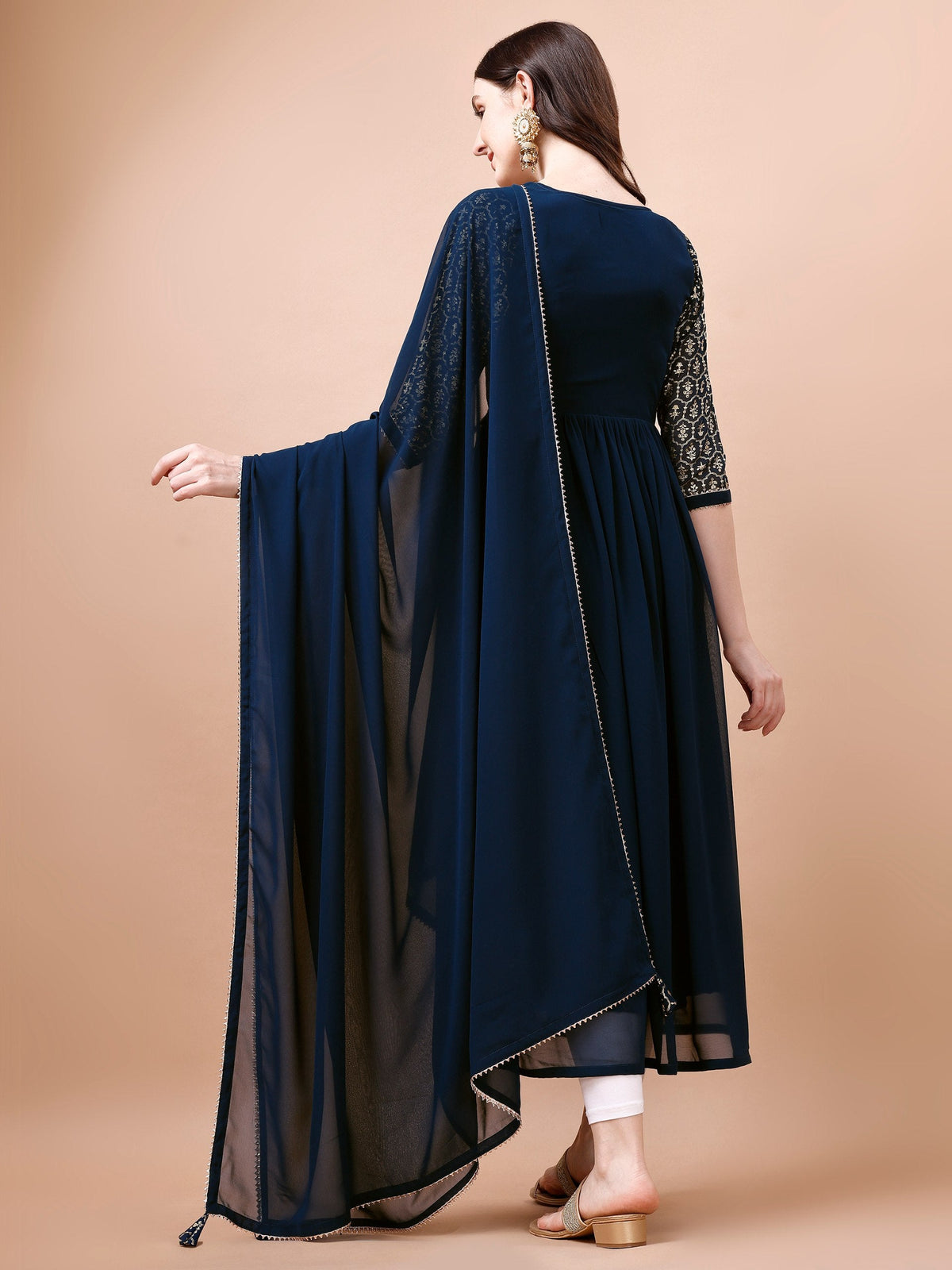 Jyoti Fashion Women's Navy Blue Georgette Foil Printed Gown with Dupatta Set | Grocsy