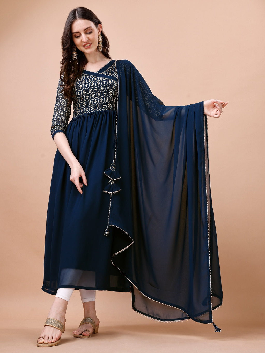 Jyoti Fashion Women's Navy Blue Georgette Foil Printed Gown with Dupatta Set | Grocsy