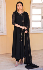 Jyoti Fashion Women's Black Georgette Foil Printed Gown with Dupatta Set | Grocsy