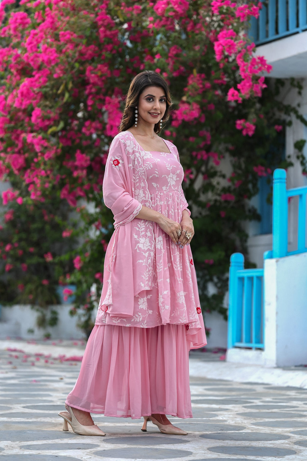 Jyoti Fashion Women's Baby Pink Faux Georgette Resham Embroidered Peplum Sharara Set | Grocsy