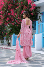 Jyoti Fashion Women's Baby Pink Faux Georgette Resham Embroidered Peplum Sharara Set | Grocsy