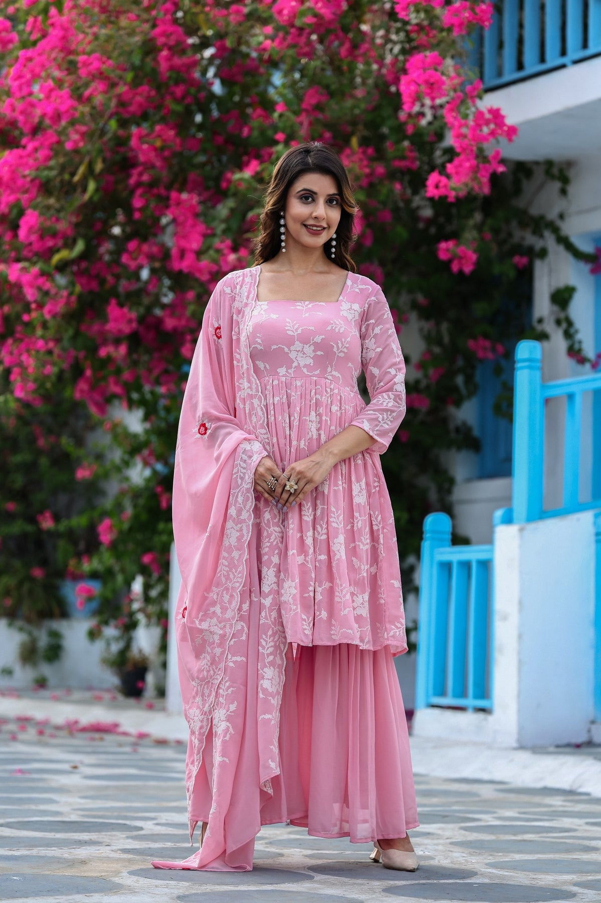 Jyoti Fashion Women's Baby Pink Faux Georgette Resham Embroidered Peplum Sharara Set | Grocsy