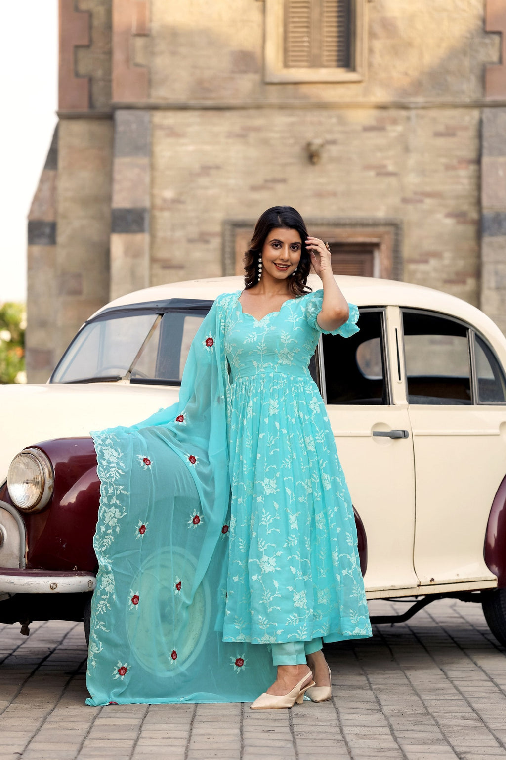 Jyoti Fashion Women's Sky Blue Faux Georgette Resham Embroidered Kurta Set with Dupatta | Grocsy