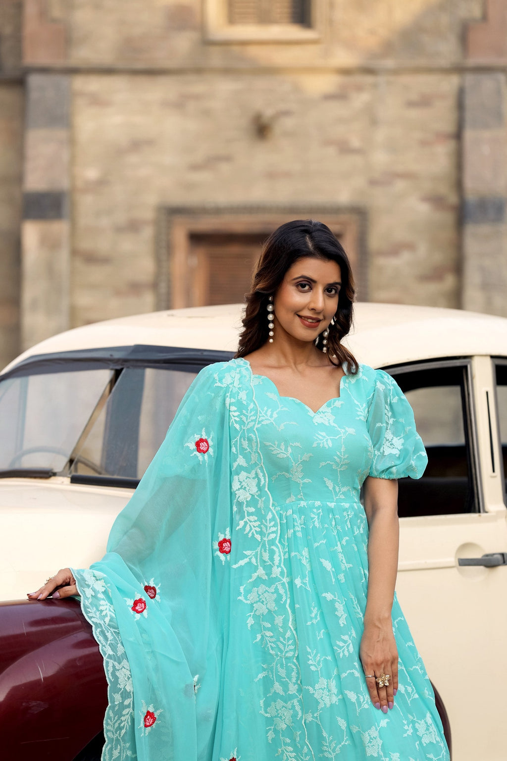 Jyoti Fashion Women's Sky Blue Faux Georgette Resham Embroidered Kurta Set with Dupatta | Grocsy