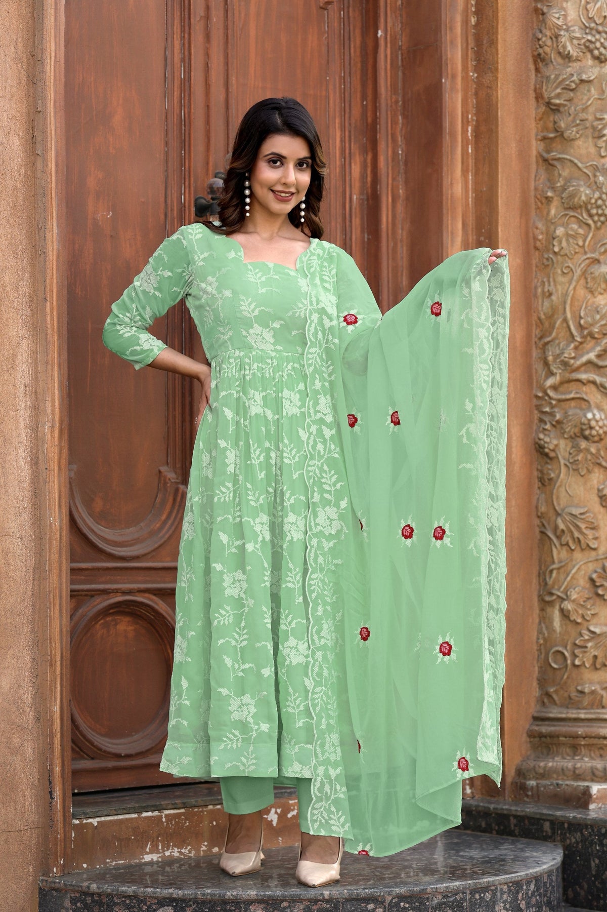 Jyoti Fashion Women's Pista Green Faux Georgette Resham Embroidered Kurta Set with Dupatta | Grocsy