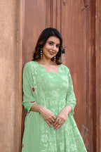 Jyoti Fashion Women's Pista Green Faux Georgette Resham Embroidered Kurta Set with Dupatta | Grocsy