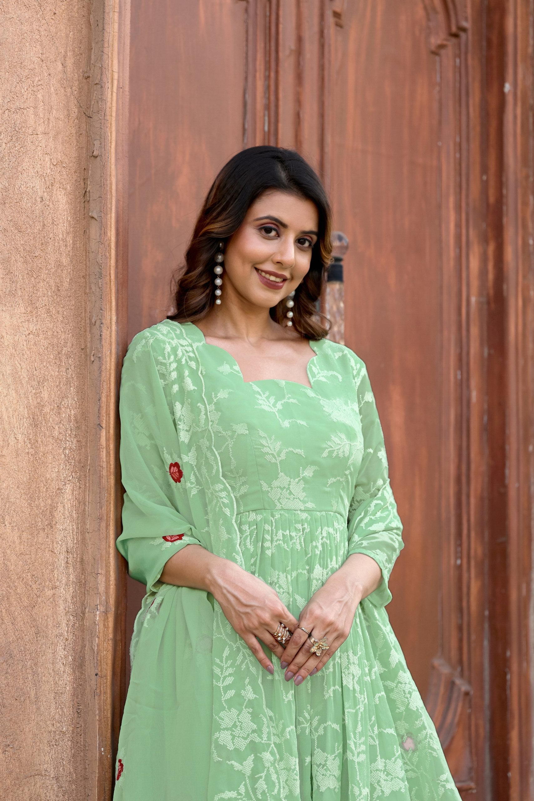 Jyoti Fashion Women's Pista Green Faux Georgette Resham Embroidered Kurta Set with Dupatta | Grocsy