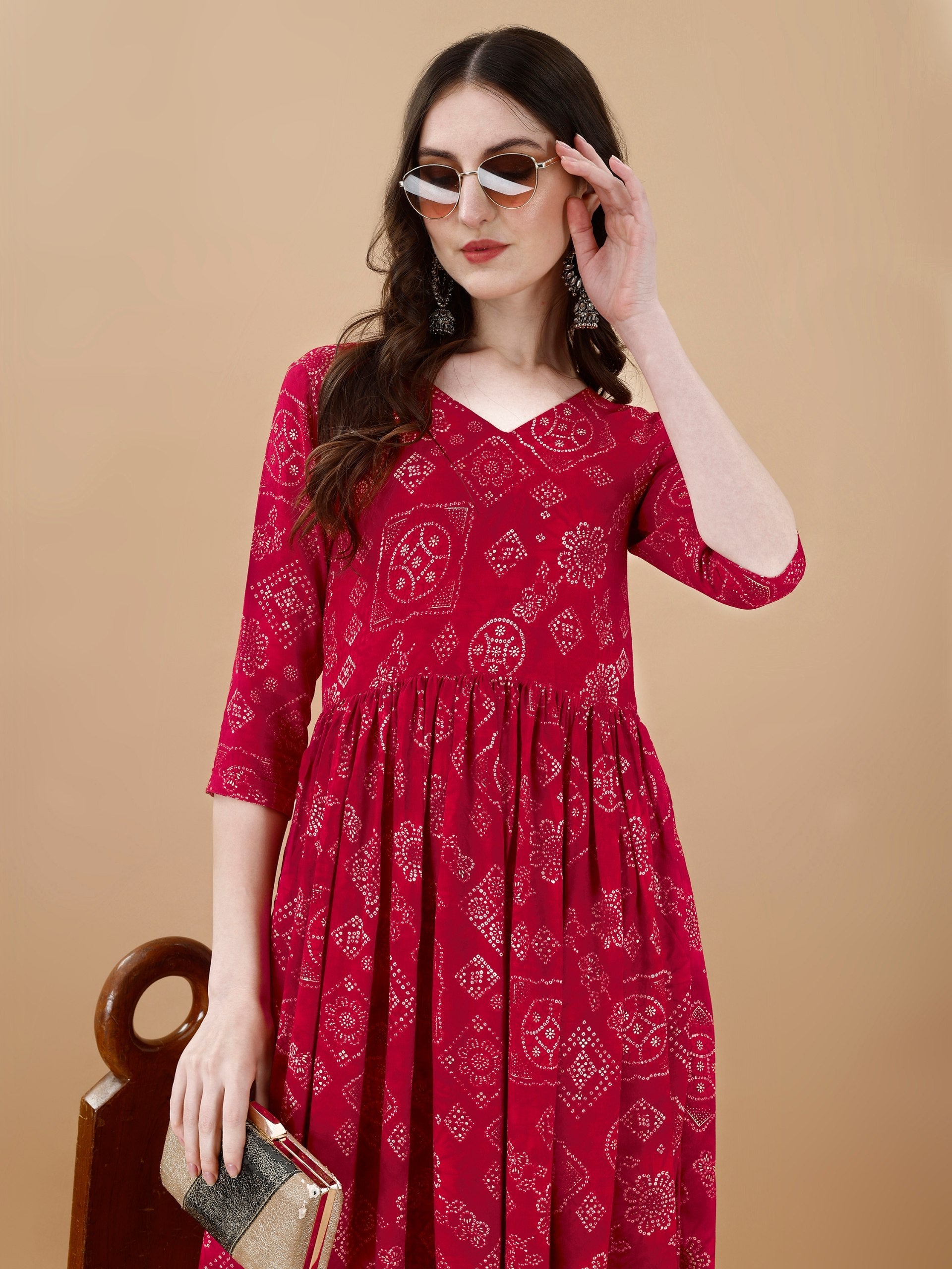 Jyoti Fashion Women's Rani Pink Rayon Bandhani Printed Casual Flared kurta | Grocsy