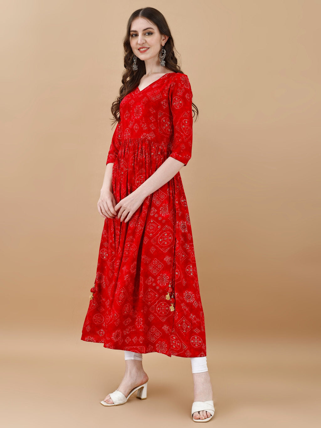 Jyoti Fashion Women's Red Rayon Bandhani Printed Casual Flared kurta | Grocsy