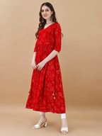 Jyoti Fashion Women's Red Rayon Bandhani Printed Casual Flared kurta | Grocsy