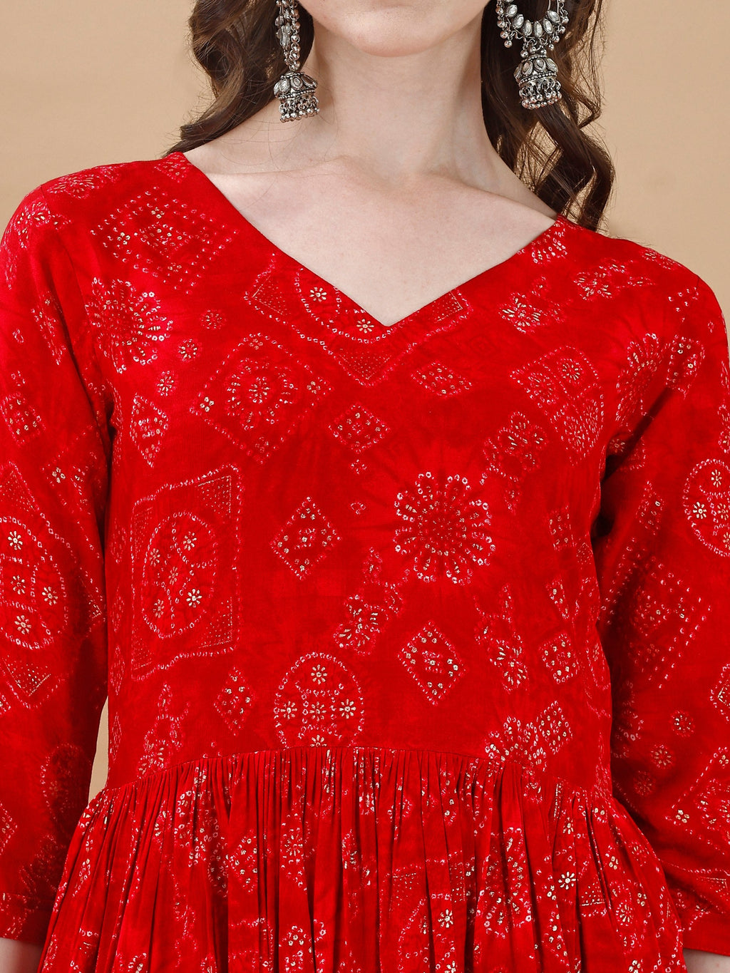 Jyoti Fashion Women's Red Rayon Bandhani Printed Casual Flared kurta | Grocsy