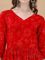 Jyoti Fashion Women's Red Rayon Bandhani Printed Casual Flared kurta | Grocsy