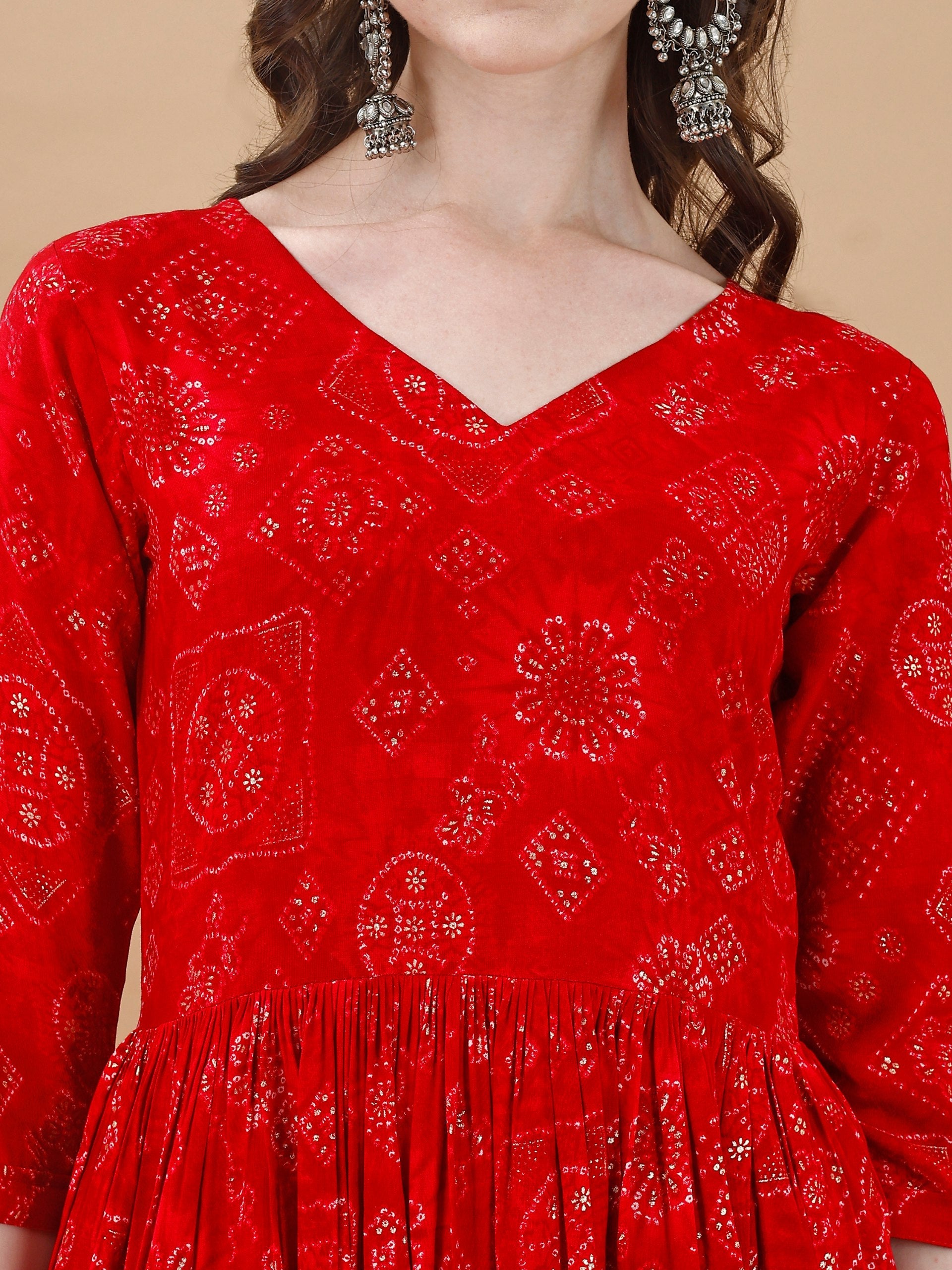 Jyoti Fashion Women's Red Rayon Bandhani Printed Casual Flared kurta | Grocsy