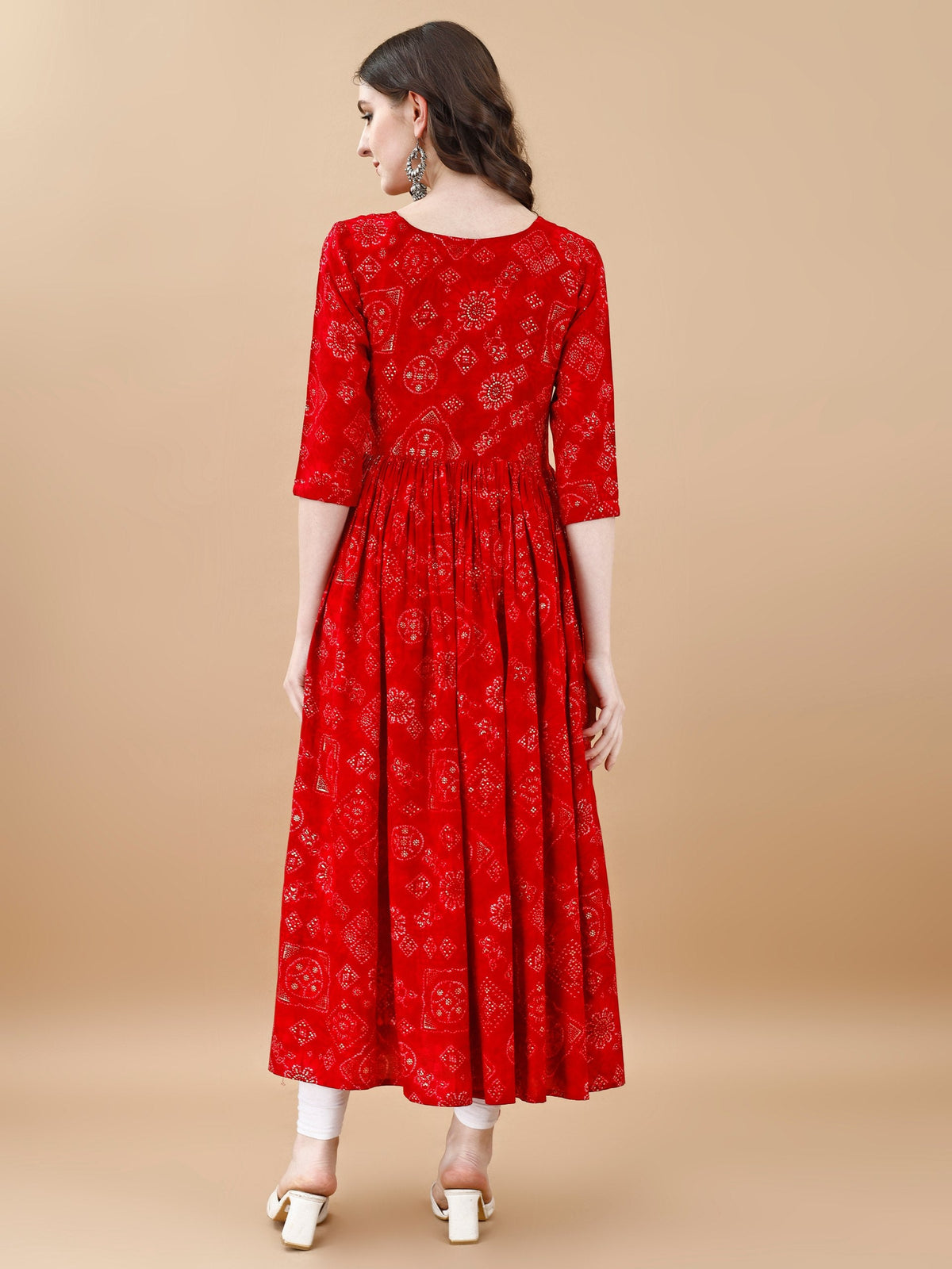 Jyoti Fashion Women's Red Rayon Bandhani Printed Casual Flared kurta | Grocsy