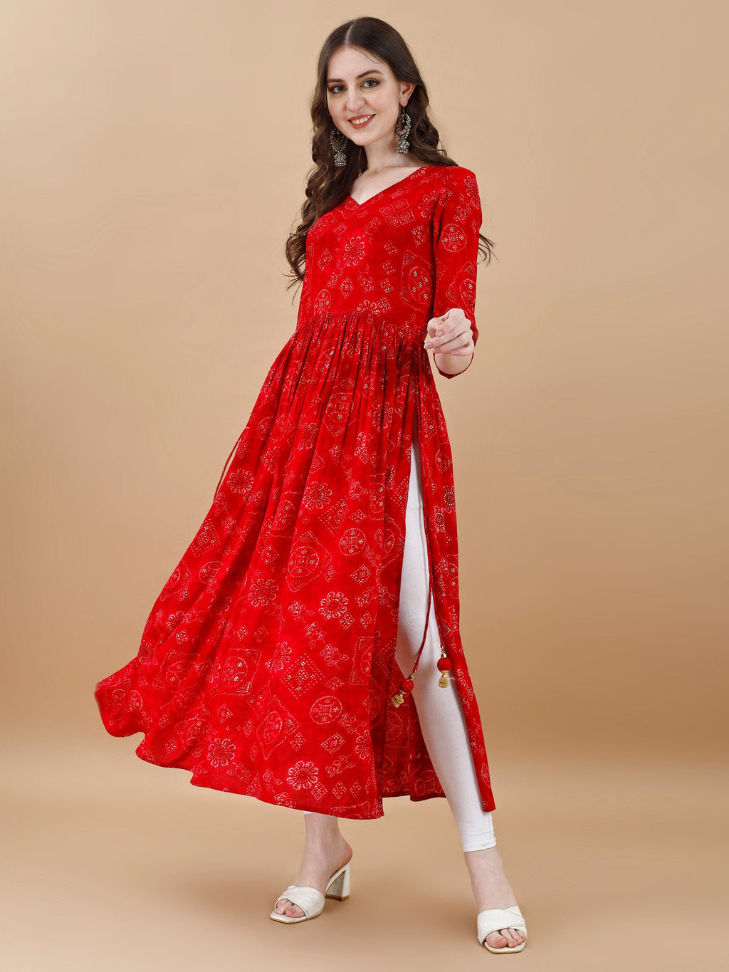 Jyoti Fashion Women's Red Rayon Bandhani Printed Casual Flared kurta | Grocsy