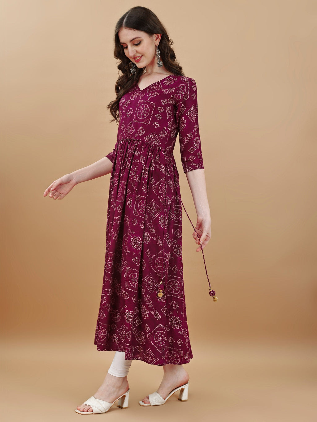 Jyoti Fashion Women's Wine Rayon Bandhani Printed Casual Flared kurta | Grocsy