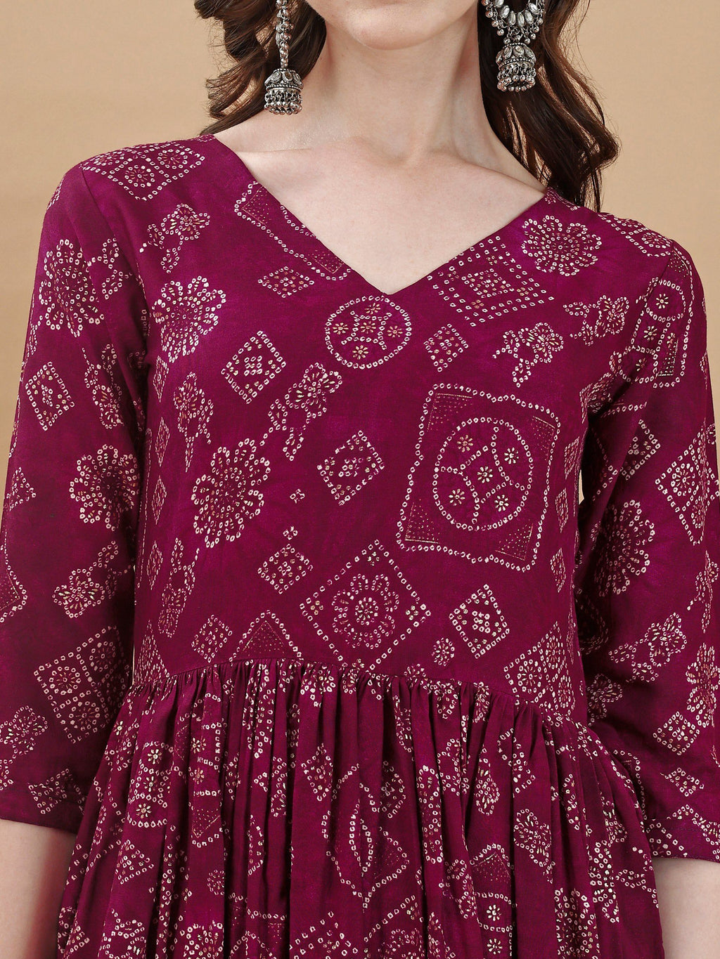 Jyoti Fashion Women's Wine Rayon Bandhani Printed Casual Flared kurta | Grocsy