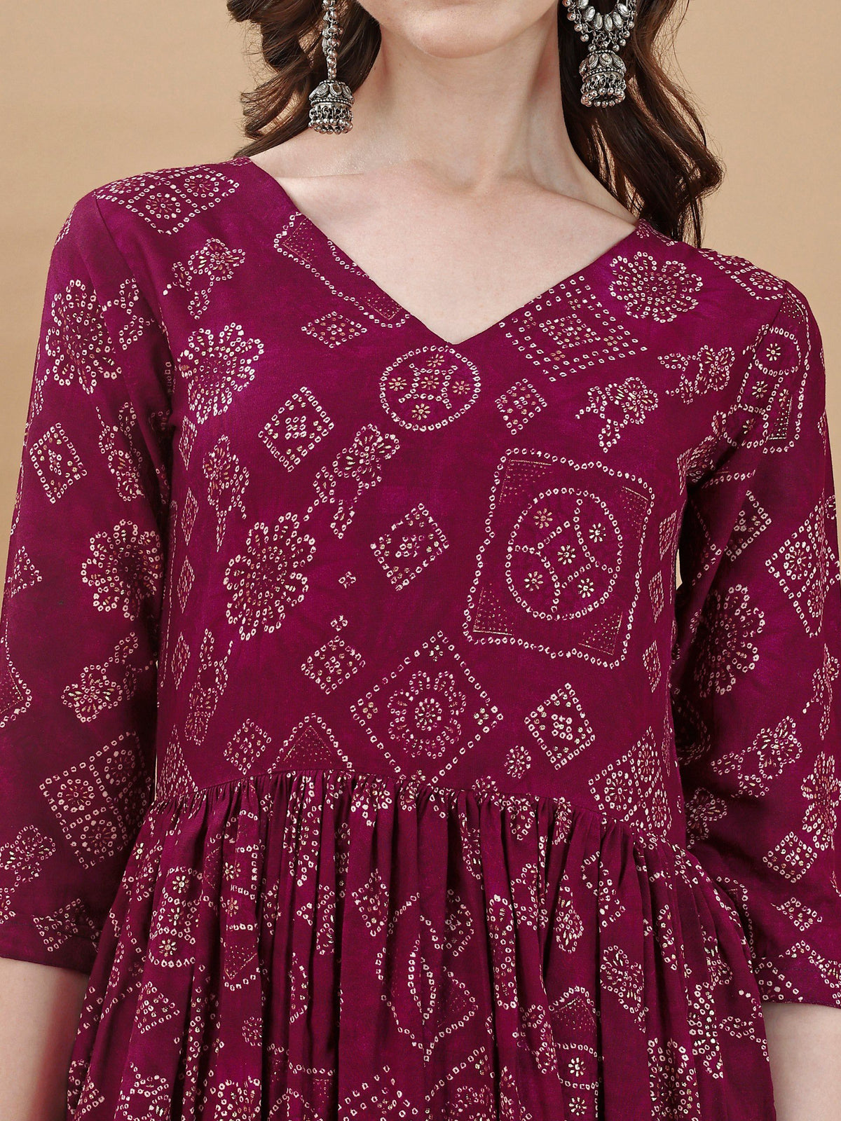 Jyoti Fashion Women's Wine Rayon Bandhani Printed Casual Flared kurta | Grocsy