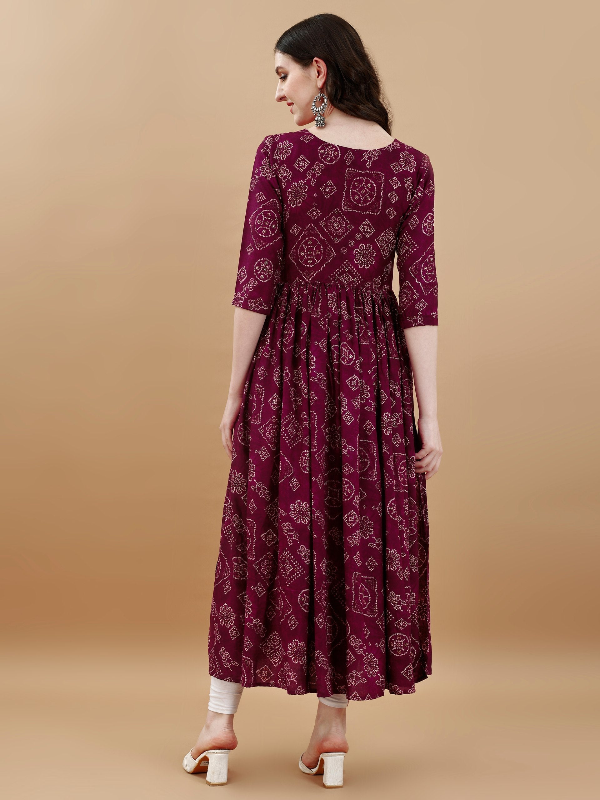 Jyoti Fashion Women's Wine Rayon Bandhani Printed Casual Flared kurta | Grocsy